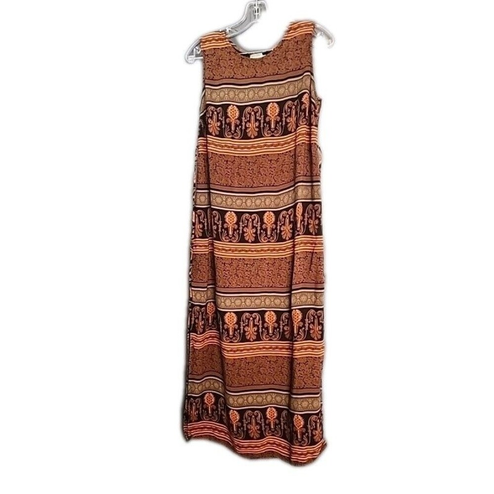 RK ORIGINALS Vintage Brown Whimsy Print boho Maxi Sleeveless Tie Back Dress 10
